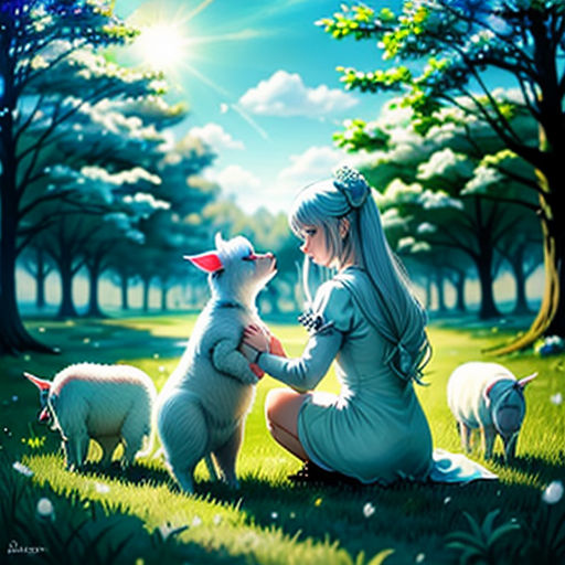 a girl kneeling down with two sheep in a field of grass and trees, with the sun shining behind her