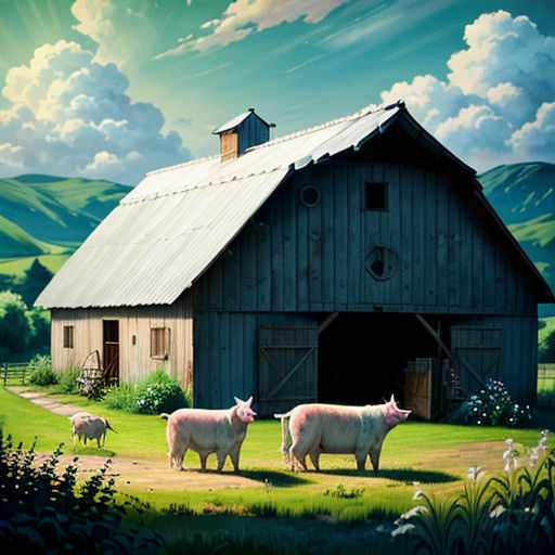 a painting of a farm scene with sheep and a barn in the background with a blue sky and clouds