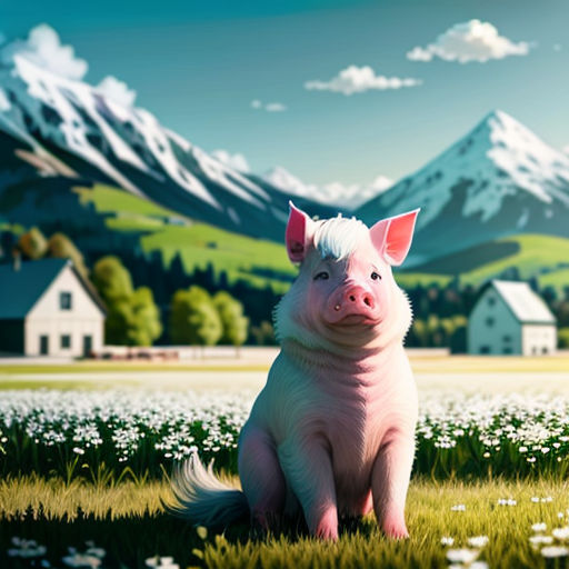 a pig sitting in the grass with a mountain in the background and a house in the foreground with a sky background