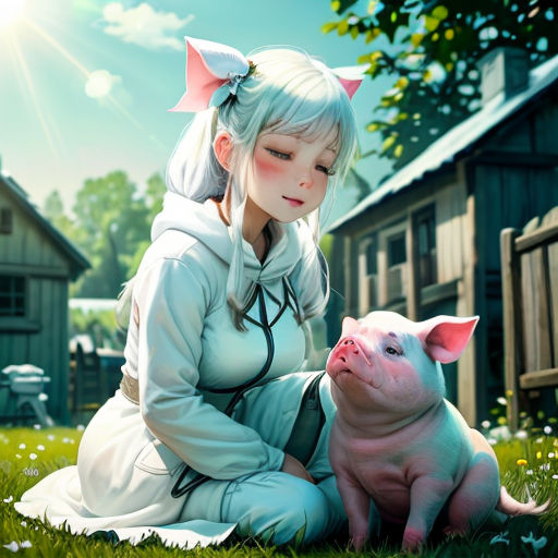 a woman in a white outfit sitting next to a pig on a field of grass with a house in the background