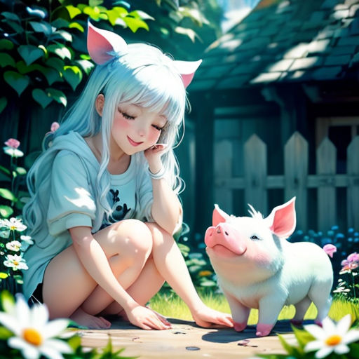 a girl is sitting next to a pig in a garden with flowers and a house in the background,