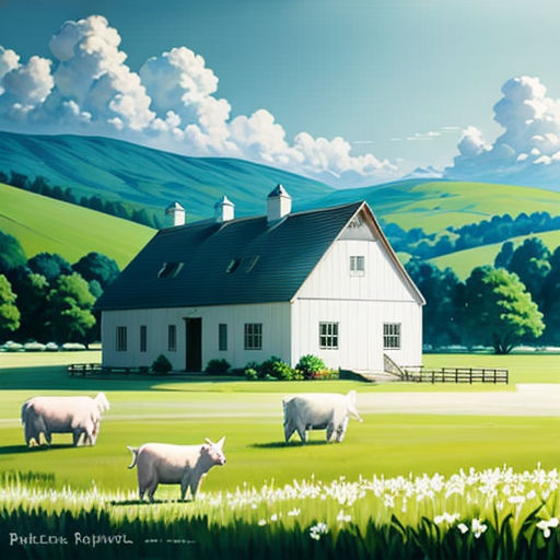 a painting of a farm with sheep and a barn in the background with clouds in the sky above it