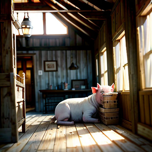 a pig is laying on a wooden floor in a room with windows and a table in the background and a light coming through the window
