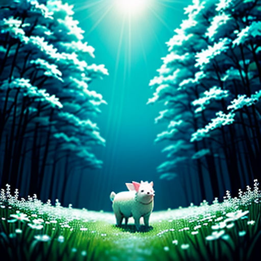 a pig standing in the middle of a forest under a bright light with trees in the background and a bright sun shining down