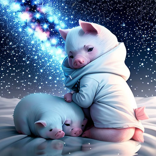 a pig and a piggy are sitting in the water together, with a galaxy background and stars in the sky