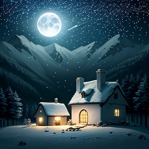a house in the snow with a full moon in the background and a snowy mountain range in the distance