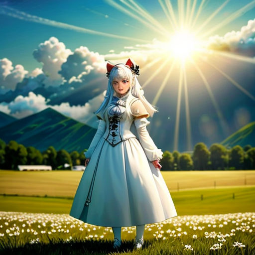 a woman in a white dress standing in a field of flowers with a sun in the background and a mountain in the background