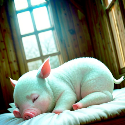 a white pig is sleeping on a bed in a room with windows and a wooden wall and a wooden floor
