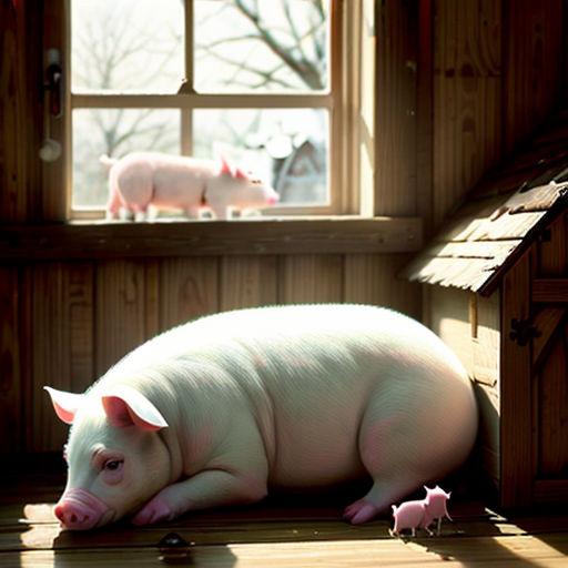 a pig is laying on the floor in front of a window with a birdhouse and pigs in the background