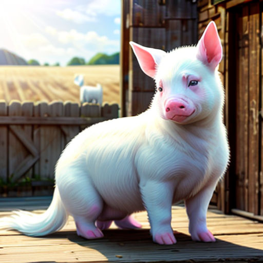 a white pig standing on a wooden deck next to a barn and a fence with sheep in the background