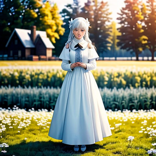 a woman in a white dress standing in a field of flowers with a house in the background and trees