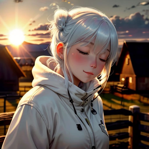 a woman with white hair and a white jacket is standing in front of a fence and looking down at her phone