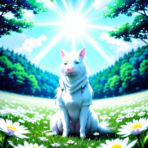 a cat sitting in the grass with a sky background and trees in the background, with a sunburst in the sky