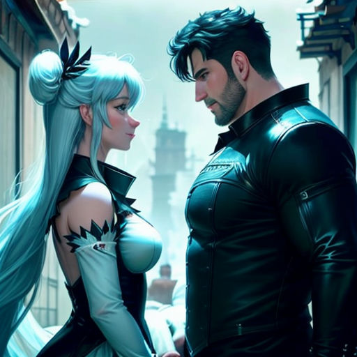 a man and a woman in cosplay clothes standing next to each other in a city street with tall buildings