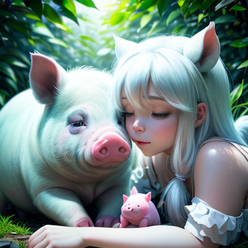 a woman with blonde hair and pig ears laying on the ground next to her face, with a pig