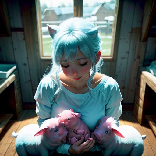 a woman holding three pigs in her hands while sitting on a bench in front of a window with a view of a farm