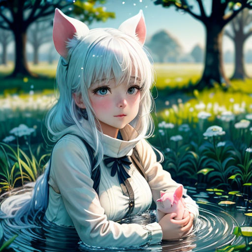 a girl with white hair sitting in a pond with a cat ears on her head and a pink flower in her hand