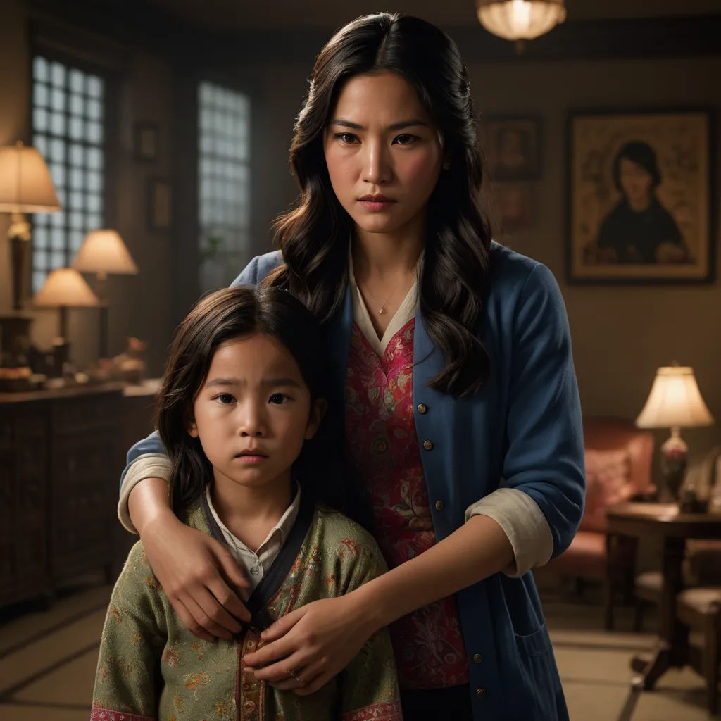 a woman and a child standing in a room with a lamp on the wall and a painting on the wall, cloisonnism, a poster, Fang Congyi, promotional image