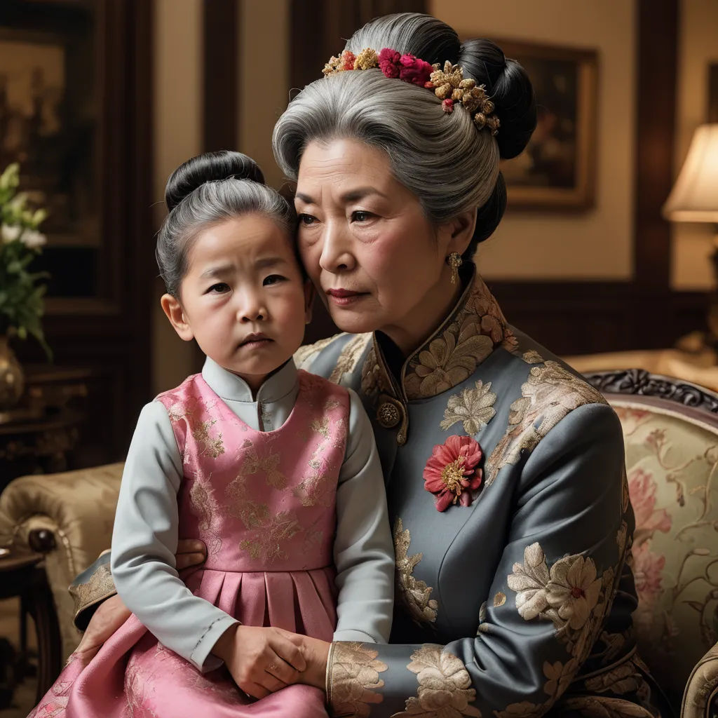 a woman and a child sitting on a couch together in a room with a lamp on the wall and a painting on the wall, hyperrealism, a character portrait, Chen Chi, promotional image