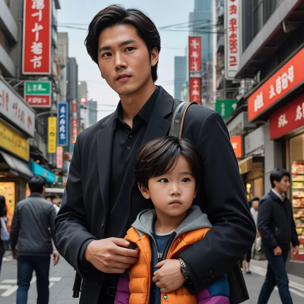 a man and a child standing on a street in a city with buildings in the background and people walking on the sidewalk, aestheticism, a poster, David Park, movie still