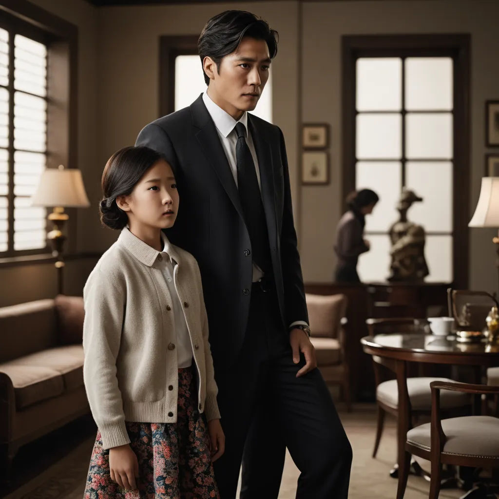 a man and a little girl standing in a living room together, looking at something on the table and a man in a suit and tie, international gothic, a poster, Byeon Sang-byeok, movie still