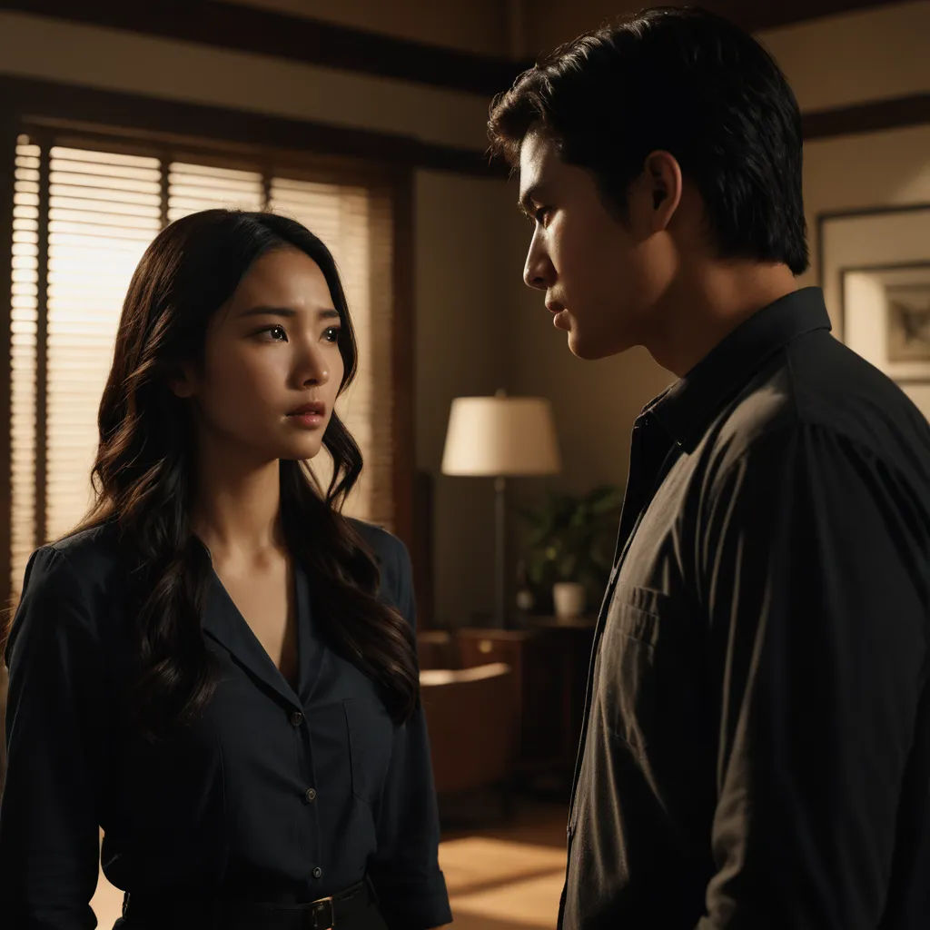 a man and a woman standing in a room together looking at each other and smiling at each other with a lamp on the side of the room, dau-al-set, a poster, David Diao, promotional image