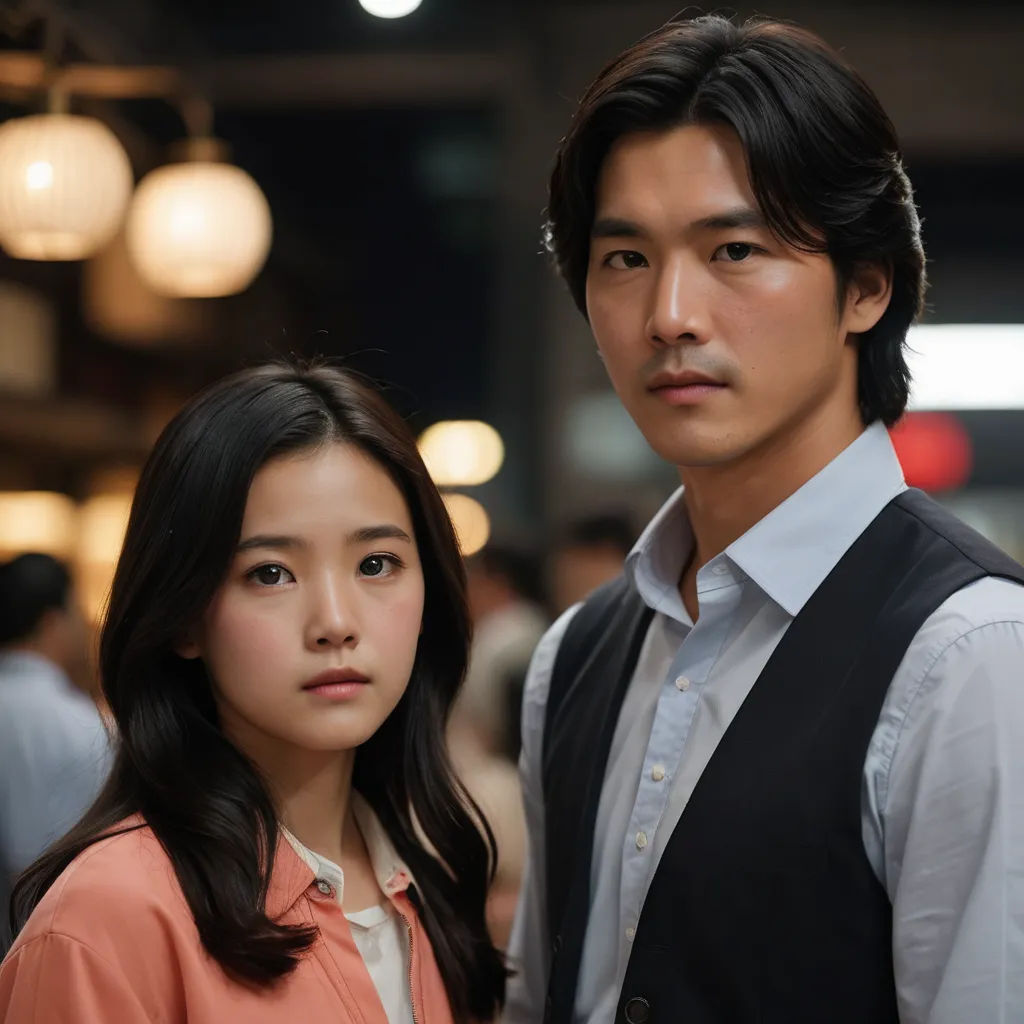 a man and a woman standing next to each other in a room with lights on the ceiling and a woman in a pink shirt, dau-al-set, a poster, Byeon Sang-byeok, movie still