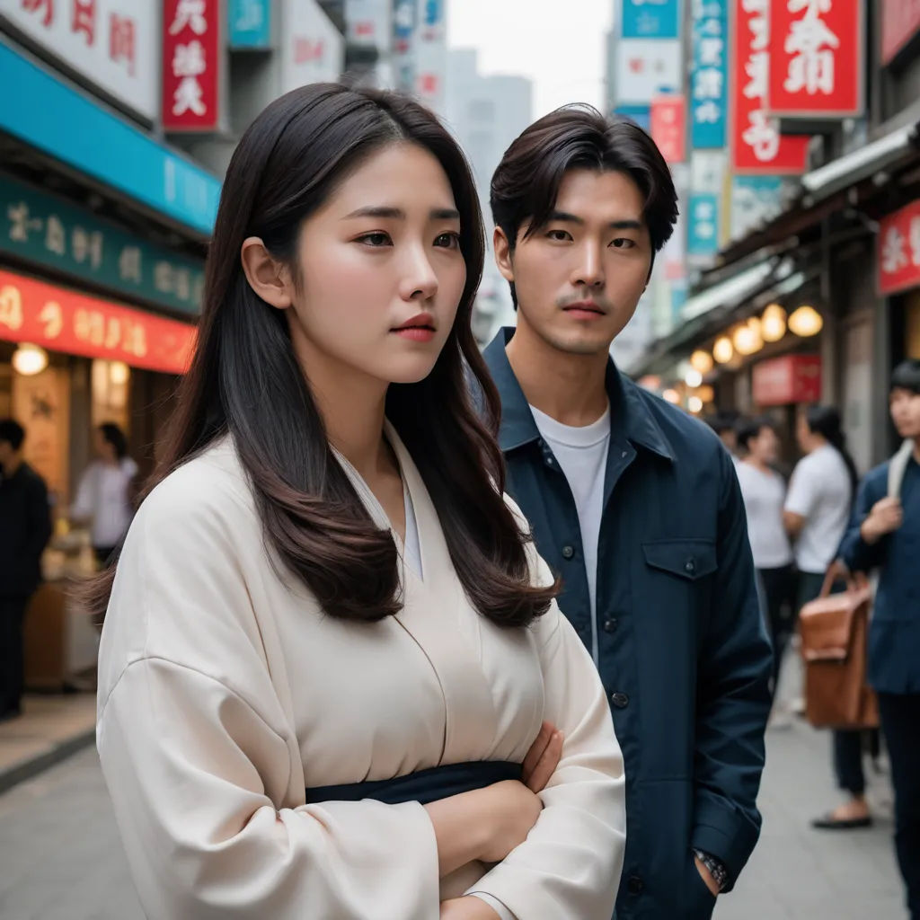a man and a woman standing in front of a store front in a city street with people walking by, aestheticism, a poster, An Gyeon, movie still