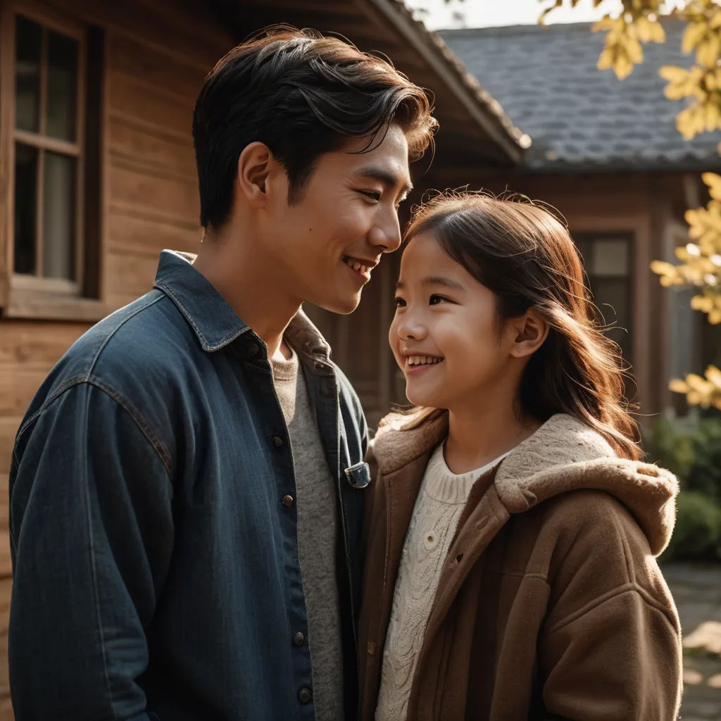 a man and a woman standing in front of a house smiling at each other with a house in the background, aestheticism, a stock photo, David Park, movie still