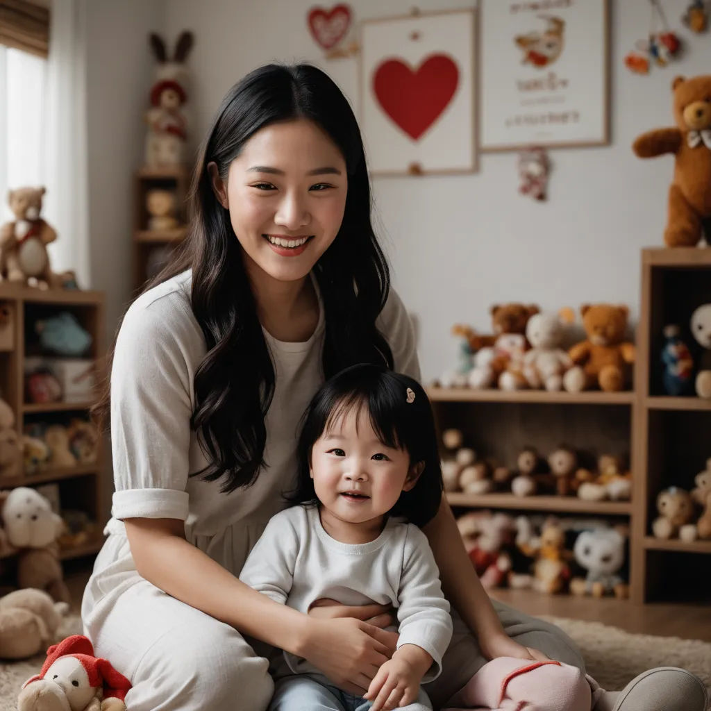 a woman and a child sitting on the floor in a room with stuffed animals and stuffed animals on the walls, neoplasticism, a stock photo, Chen Jiru, portrait photography