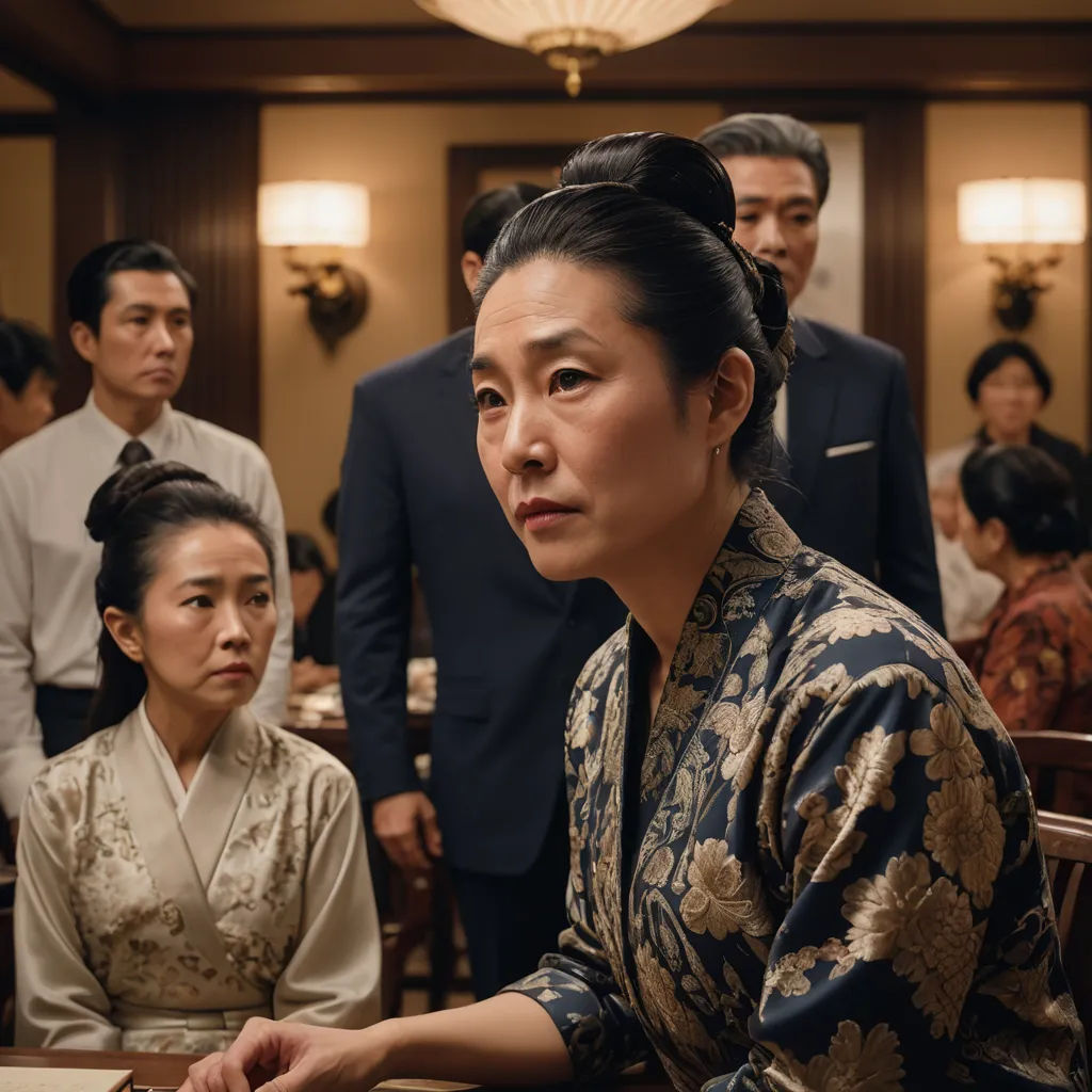 a woman sitting at a table with a group of people behind her in a room with a chandelier, dau-al-set, a poster, Anne Said, movie still