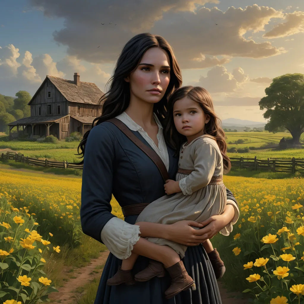 a painting of a woman holding a child in a field of flowers with a house in the background and clouds in the sky, american scene painting, a detailed matte painting, Anne Said, professional digital painting