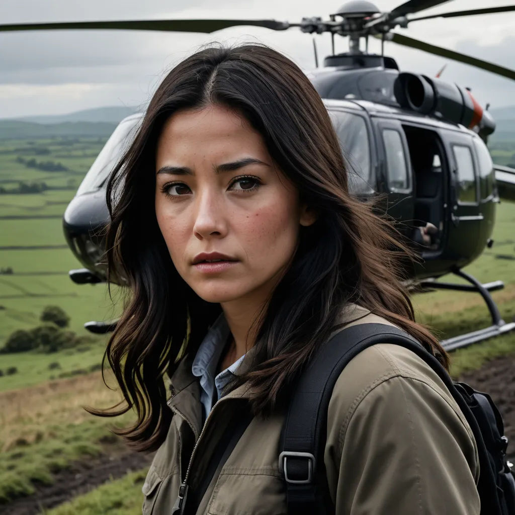 a woman standing in front of a helicopter on a field with a green field in the background and a green field in the foreground, private press, a character portrait, Ada Hill Walker, promotional image