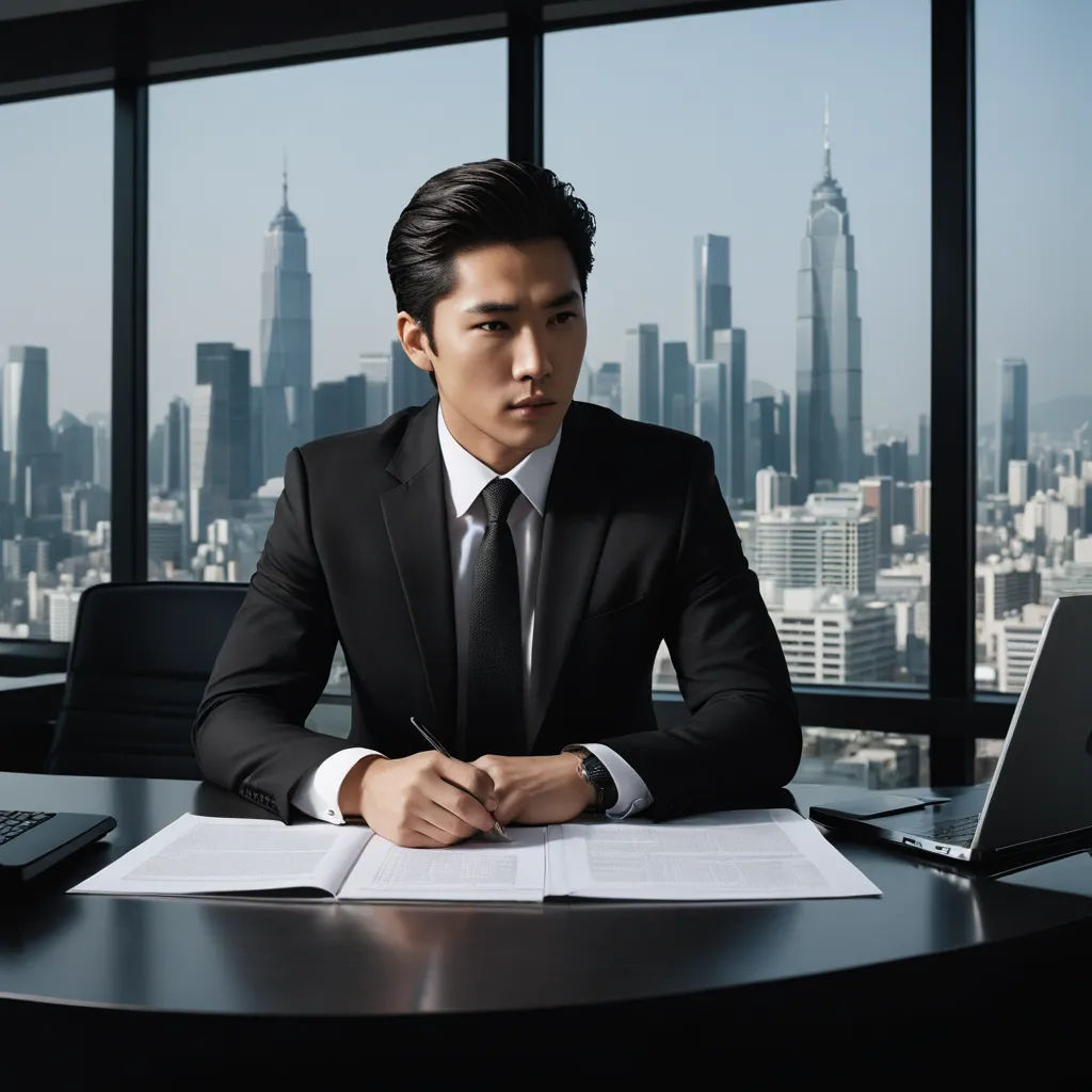 a man in a suit sitting at a desk with a laptop and papers in front of him, in front of a window with a city view, neoism, a stock photo, Bian Jingzhao, professional