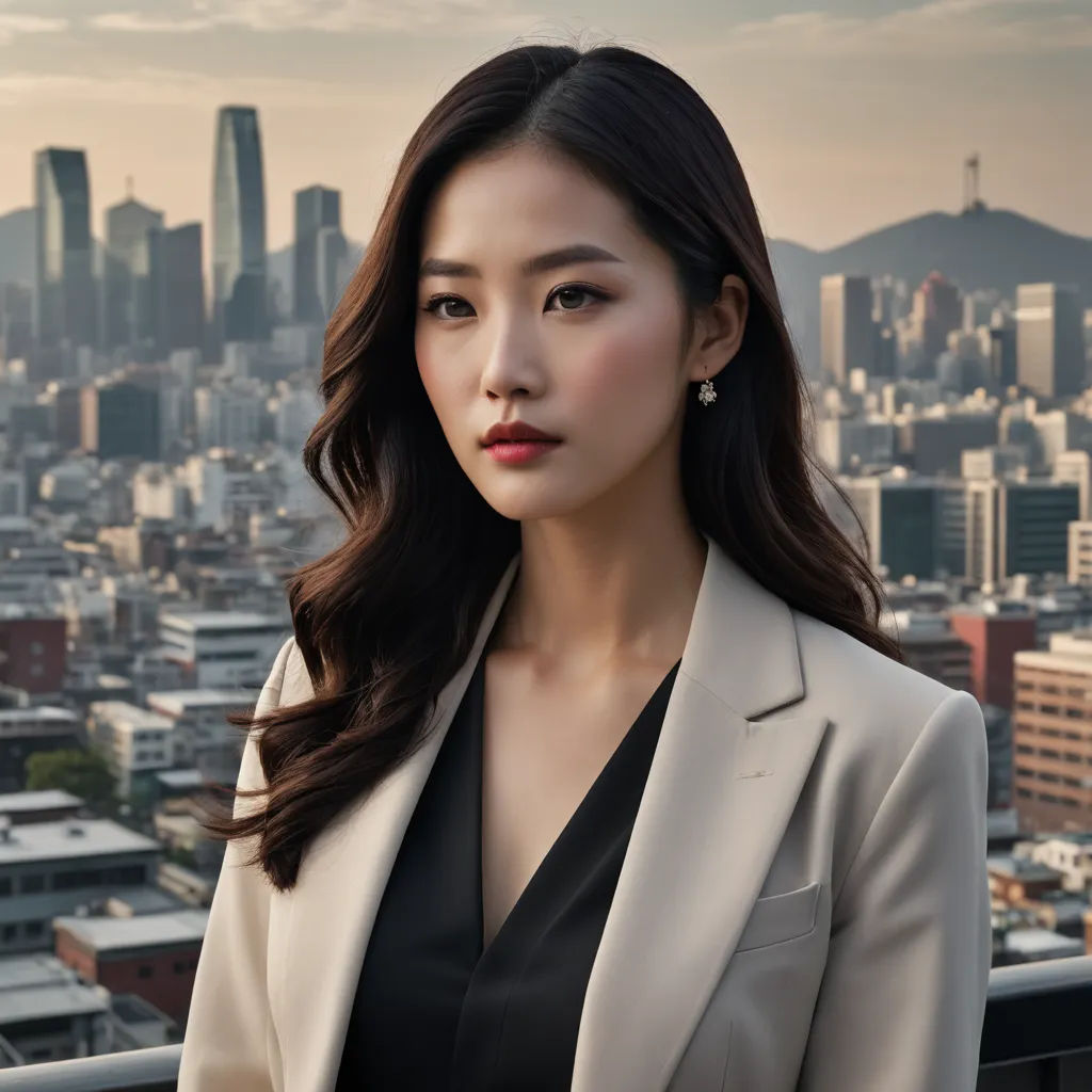 a woman in a suit standing in front of a cityscape with a cityscape in the background, purism, a character portrait, Chen Jiru, promotional image