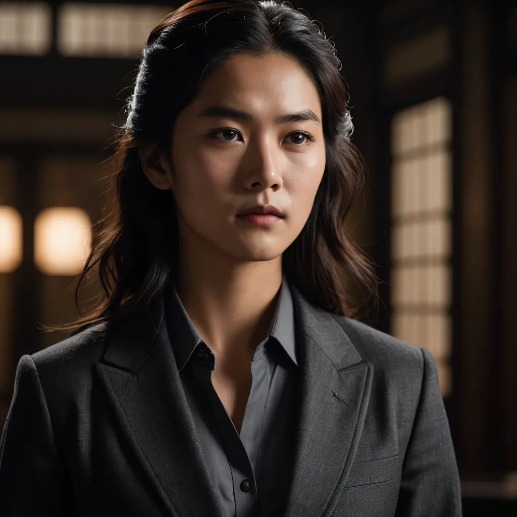 a woman in a suit standing in a room with windows and lights on the ceiling and a black jacket on, dau-al-set, a character portrait, Choi Buk, promotional image