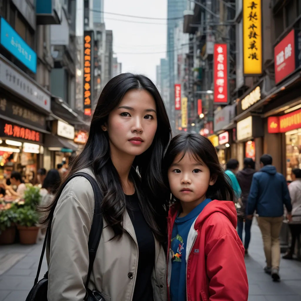 a woman and a child standing on a street corner in a city with tall buildings and people walking around, neoism, a character portrait, David Diao, movie still