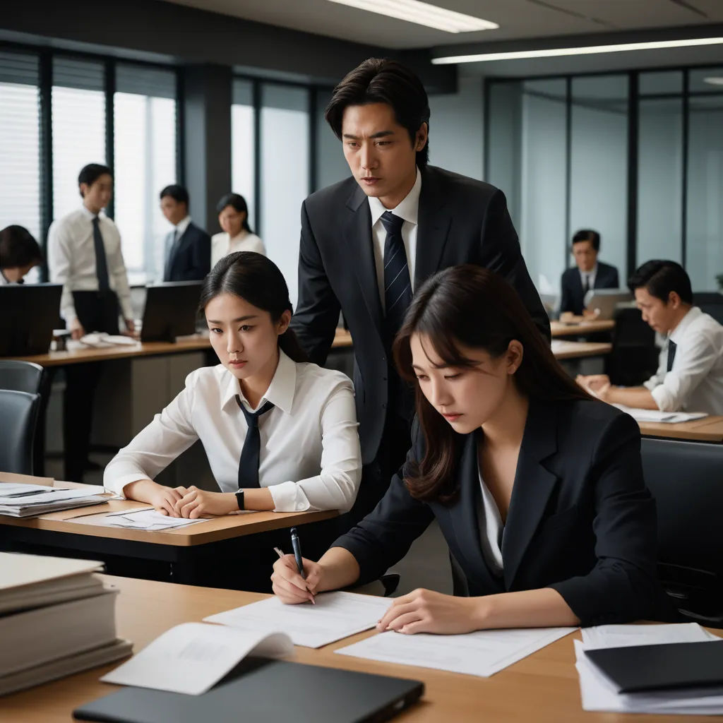 a man and woman in business attire writing in a classroom with other people in the background on desks, institutional critique, a stock photo, Choi Buk, movie still