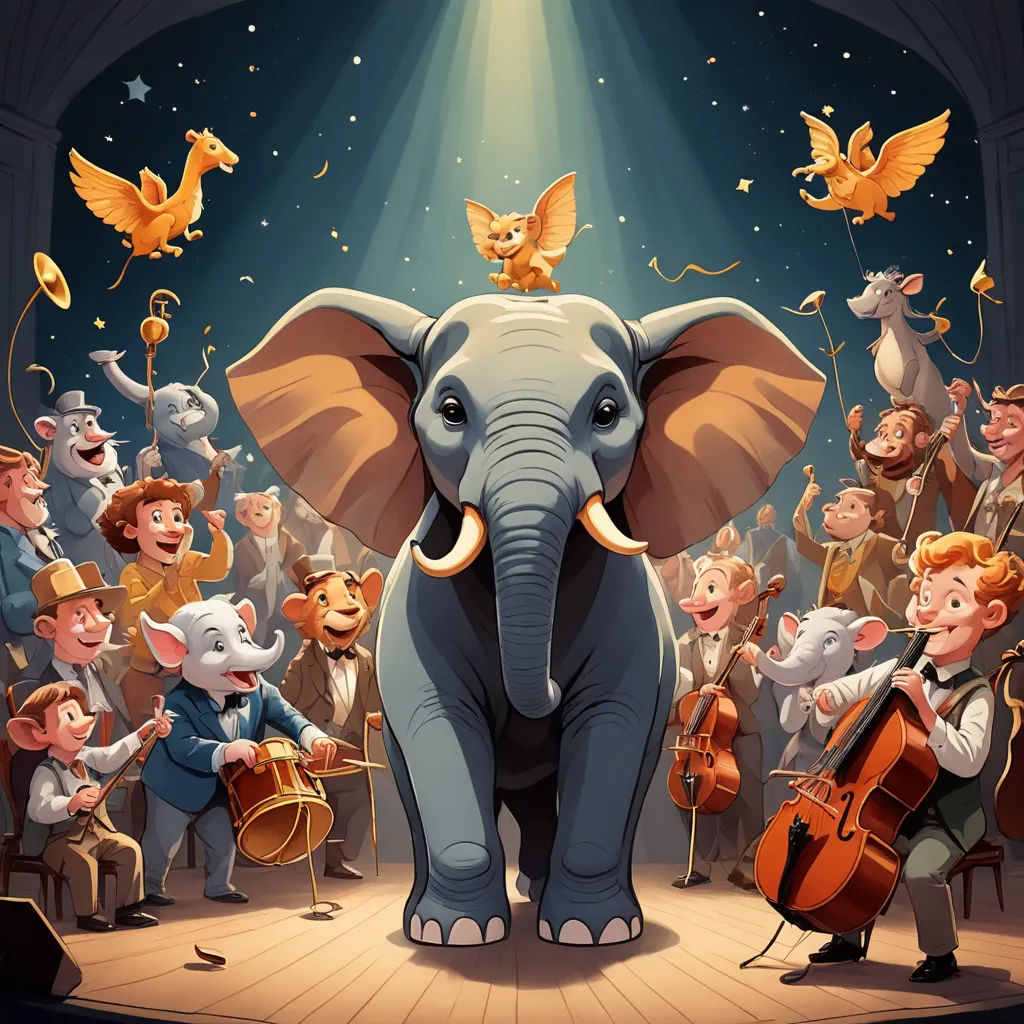 a painting of an elephant with a orchestra in the background and a group of people in the foreground, magic realism, a storybook illustration, Chris LaBrooy, promotional image