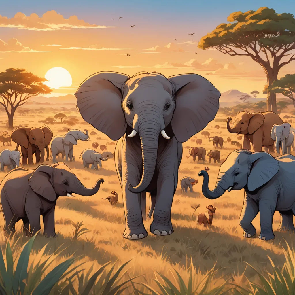 a herd of elephants walking across a grass covered field at sunset with trees in the background and a sun setting, sumatraism, a storybook illustration, Chris LaBrooy, furaffinity