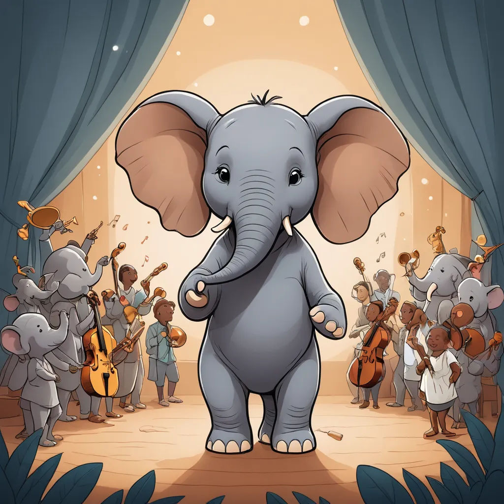 a cartoon elephant standing in front of a group of people with musical instruments in front of him and a stage with a curtain, sots art, a storybook illustration, Amédée Ozenfant, storybook illustration