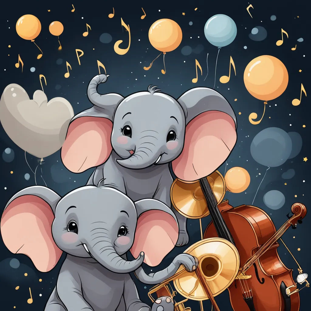two elephants are playing music together with a violin and a violin on a dark background with musical notes and balloons, pop surrealism, a storybook illustration, Edward George Handel Lucas, cute and funny