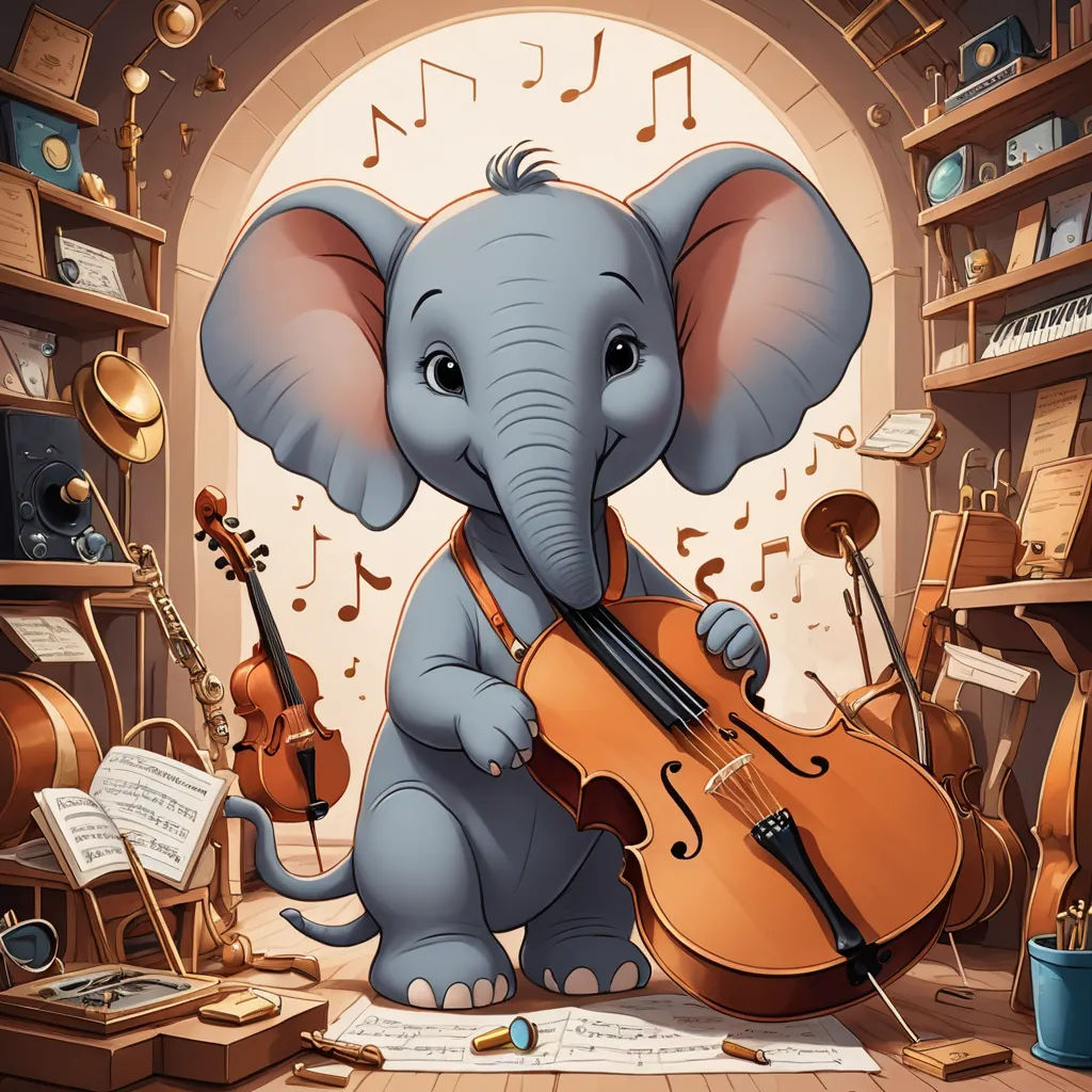 a cartoon elephant playing a violin in a room full of musical instruments and music books, with a doorway in the background, fantasy art, a storybook illustration, Amédée Ozenfant, storybook illustration