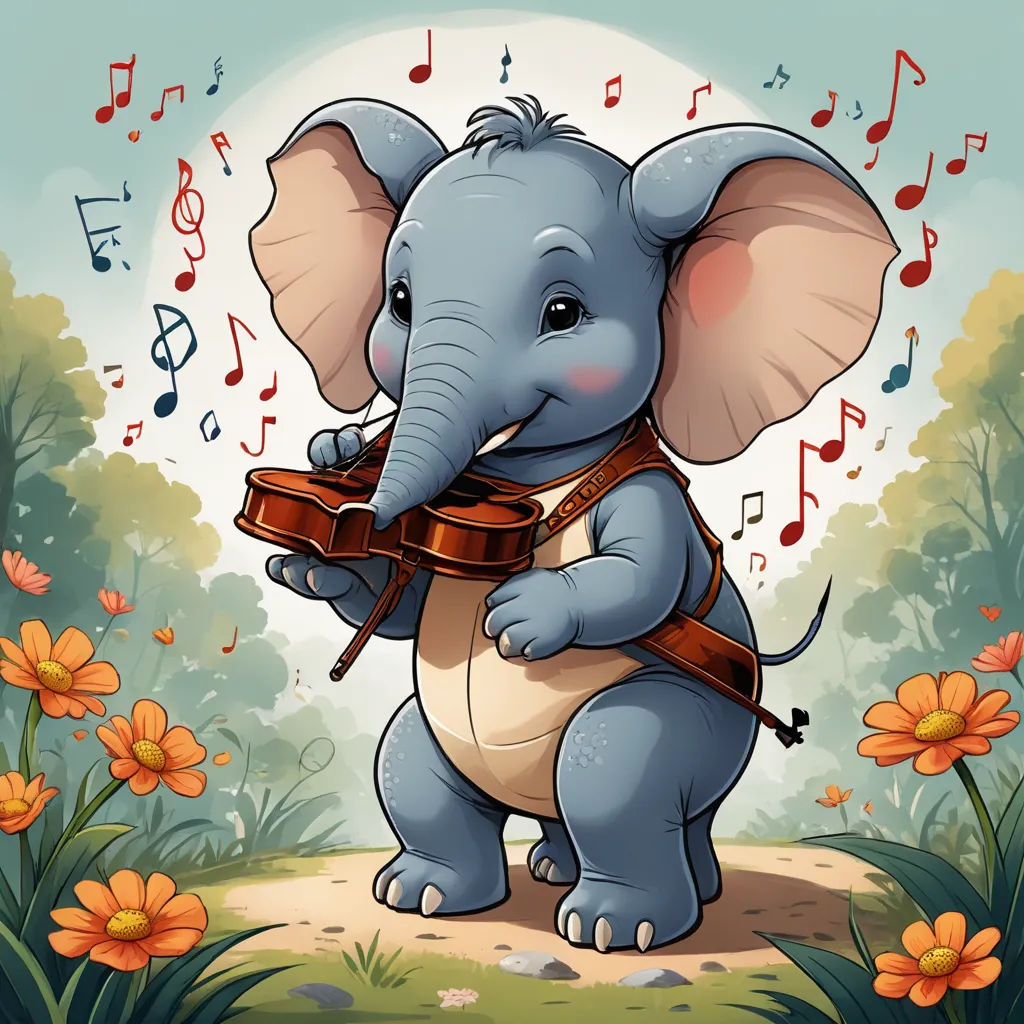 a cartoon elephant playing a violin in a field of flowers and music notes with a full moon in the background, fantasy art, a storybook illustration, Amédée Ozenfant, whimsical