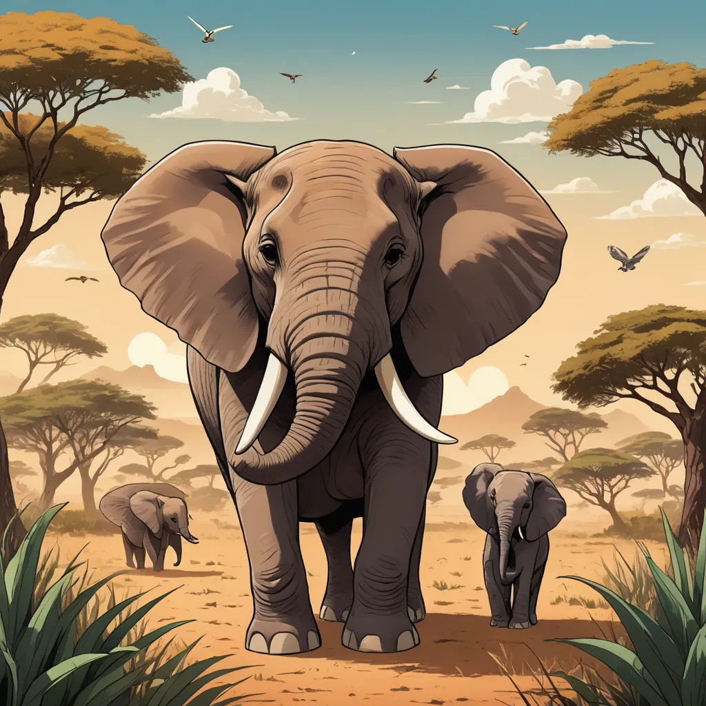 a large elephant standing in a field with trees and birds flying around it and a baby elephant standing in the background, naturalism, a storybook illustration, Chris LaBrooy, detailed illustration
