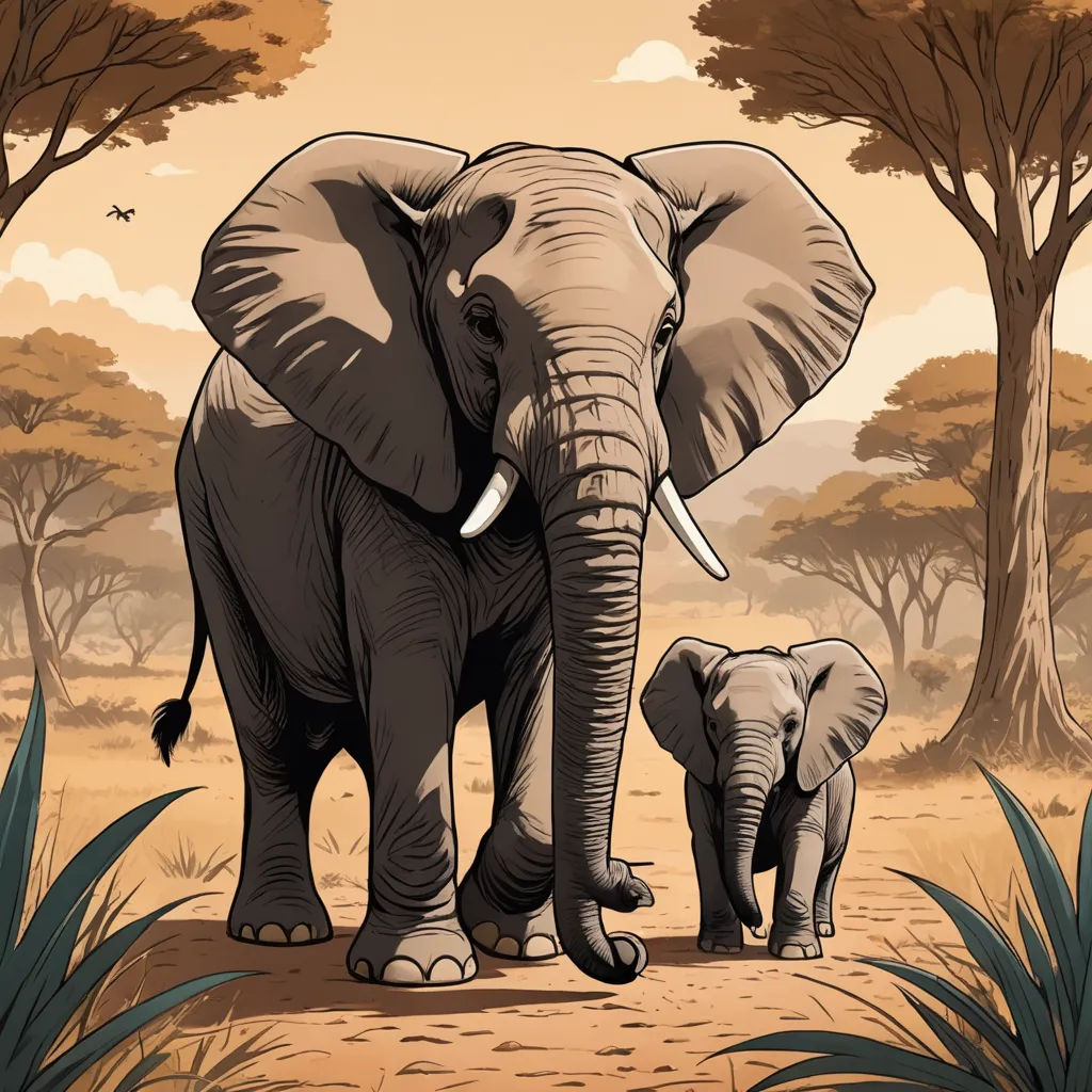 a large elephant and a small elephant walking in the wild together in front of trees and bushes with a sky background, sumatraism, a storybook illustration, Amédée Ozenfant, detailed illustration