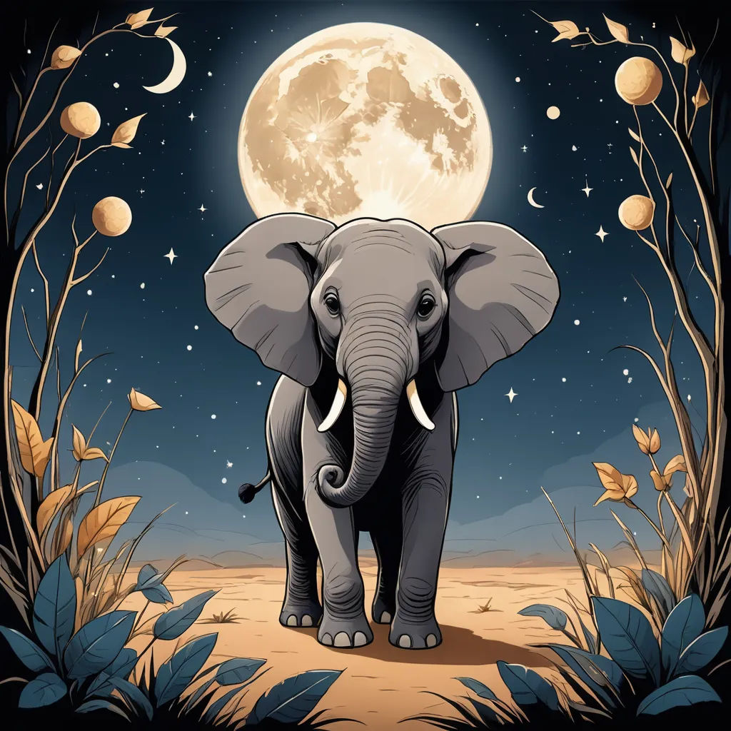 an elephant standing in a field with a full moon in the background and leaves around it, with a full moon in the background, pop surrealism, an album cover, Chris LaBrooy, detailed illustration