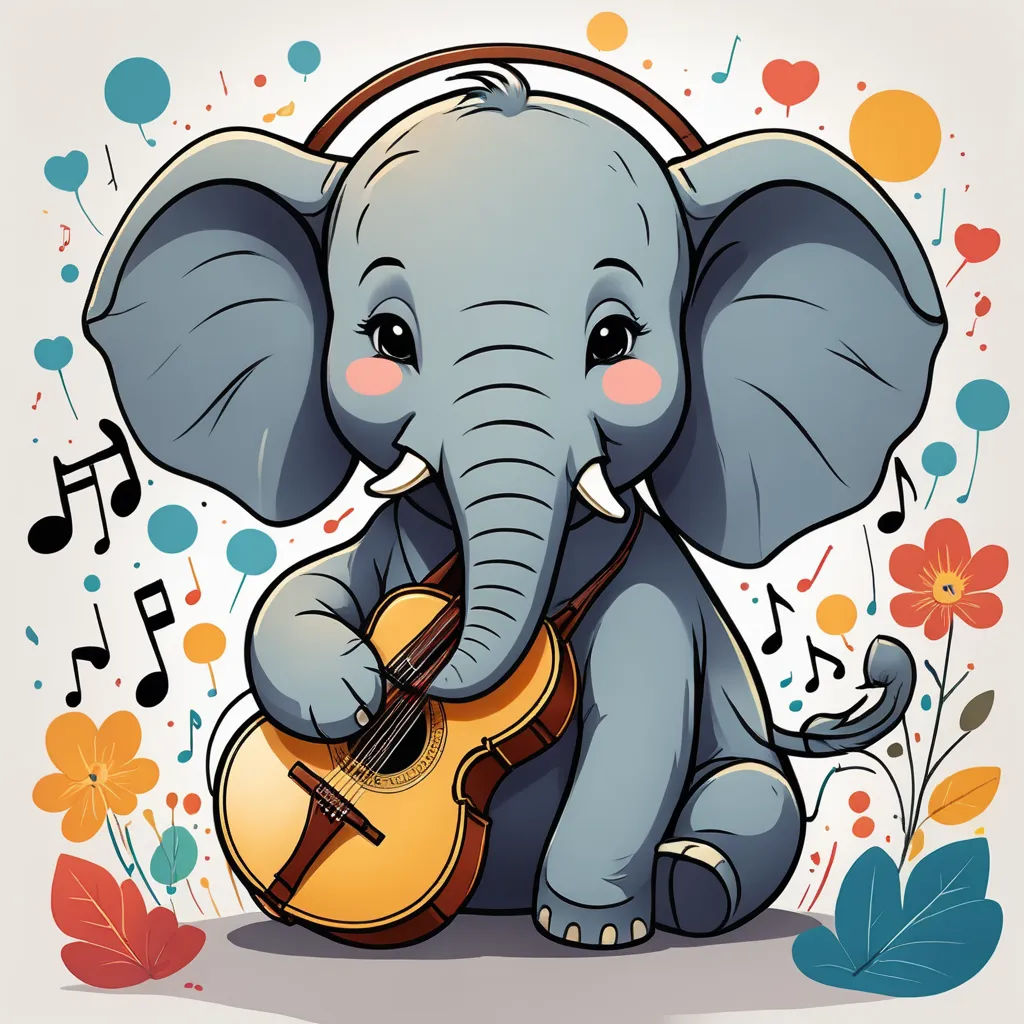 a cartoon elephant playing a guitar with music notes around it's neck and ears, with a music note in the background, rayonism, a storybook illustration, Amédée Ozenfant, cute and funny