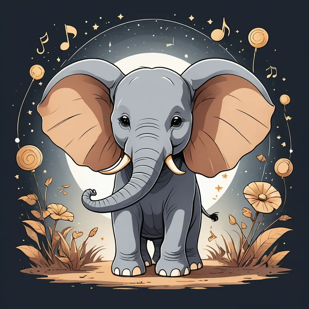 a cartoon elephant standing in a field with music notes around it's neck and ears, with a full moon in the background, rayonism, a character portrait, Amédée Ozenfant, cute and adorable