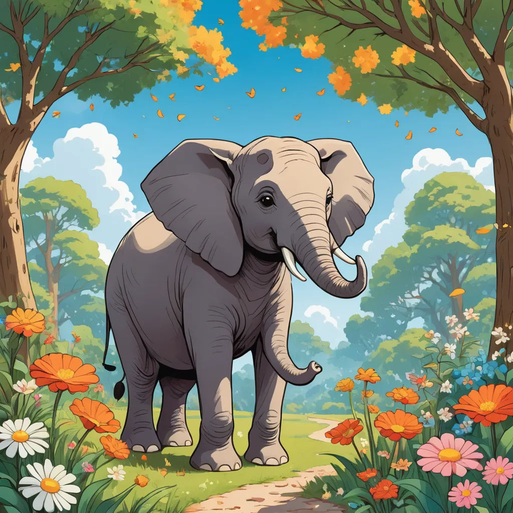 a cartoon elephant is walking through a forest with flowers and trees in the background, with a path leading to the elephant, environmental art, a storybook illustration, Chris LaBrooy, official art